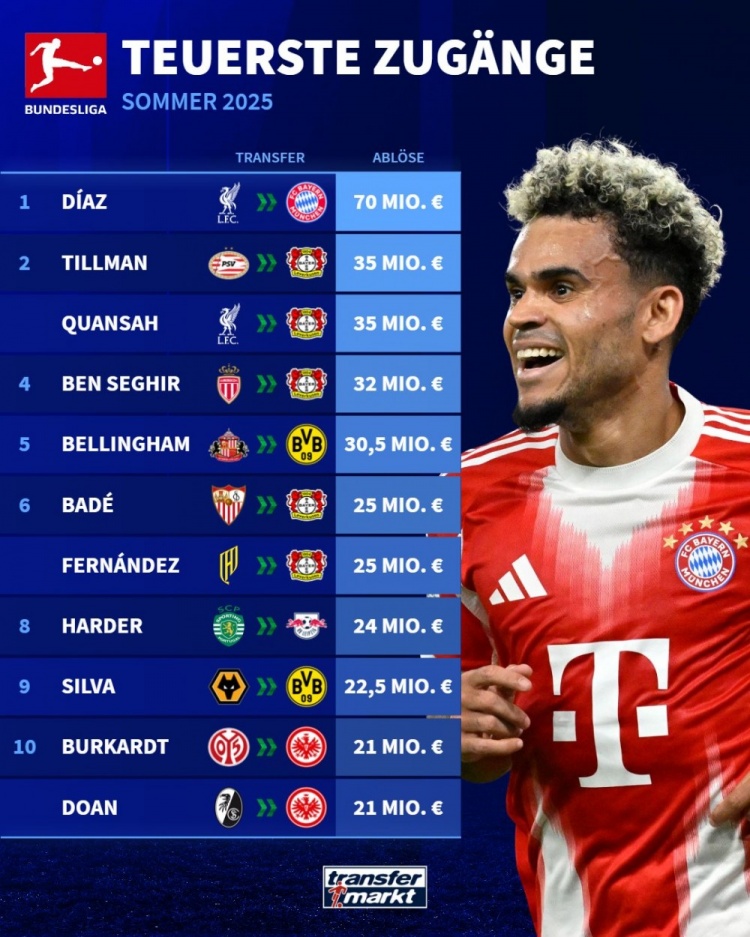 乐鱼体育-德甲今夏引援榜：迪亚斯7000万断崖领跑，蒂尔曼&amp;宽萨领衔药厂5将